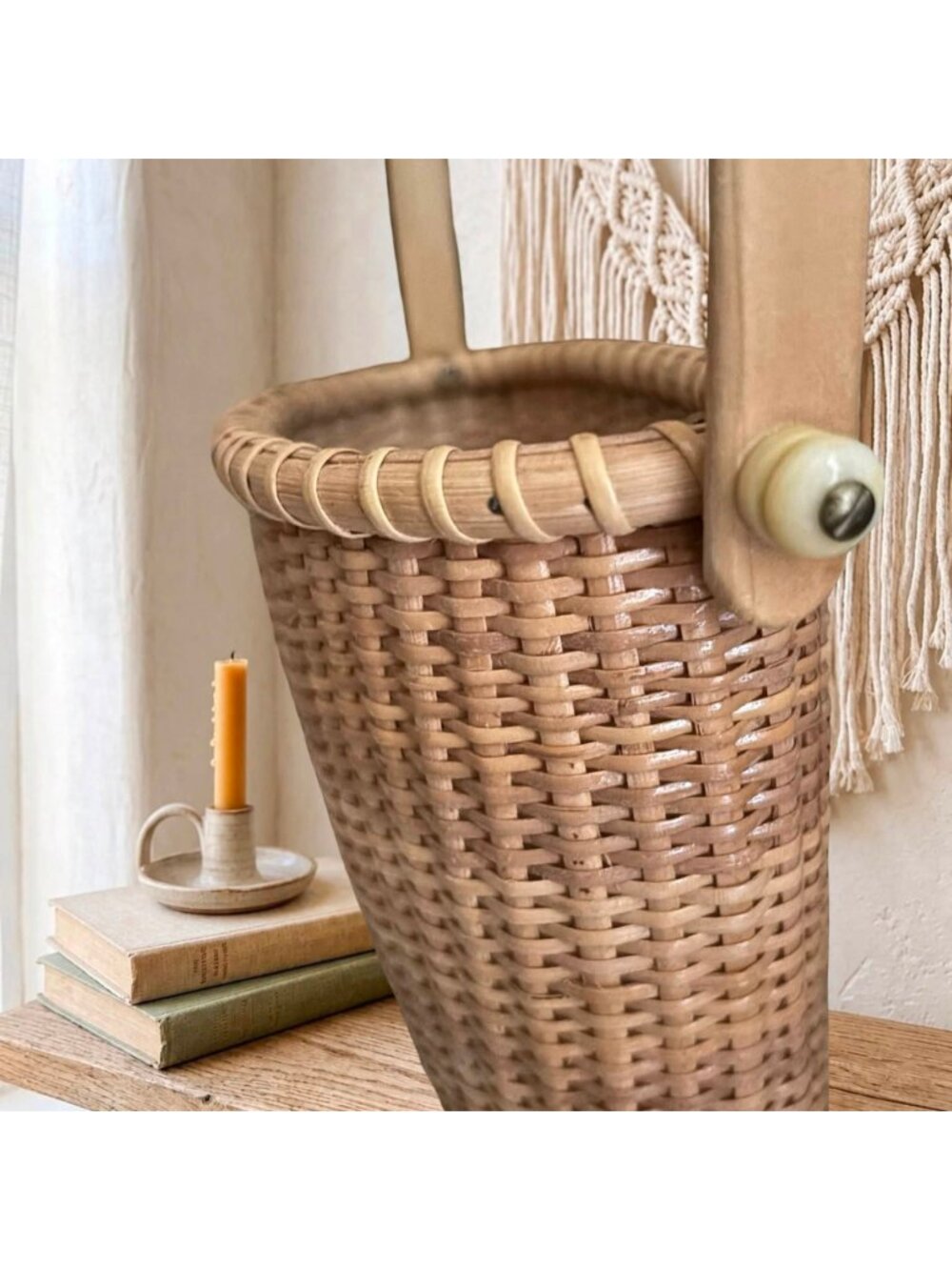 Nantucket Style Wall Basket Tight Weave Wood Handle and Bottom French Country Co - Picture 12 of 13